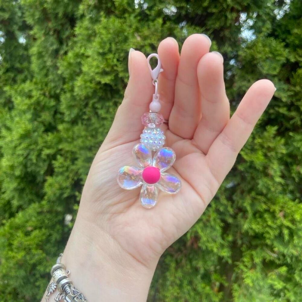 Pink Flower keychain with beads
